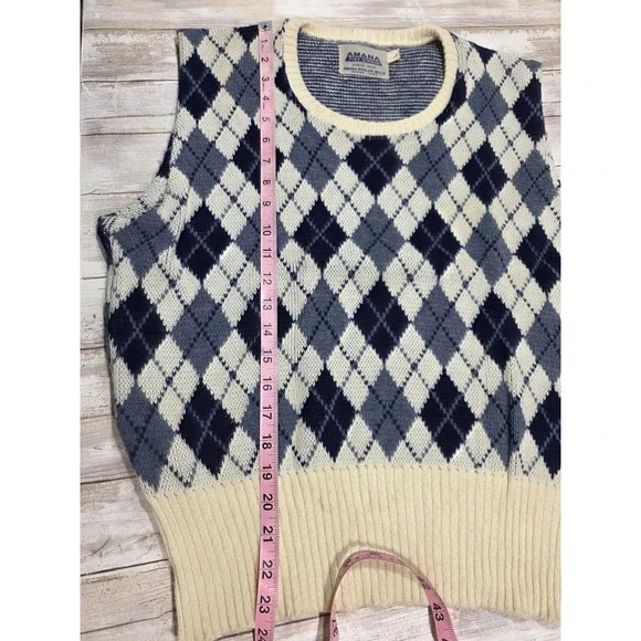 Amana Woolen Mills Blue Argyle Sweater Vest and Cardigan Set Mens Large Vintage